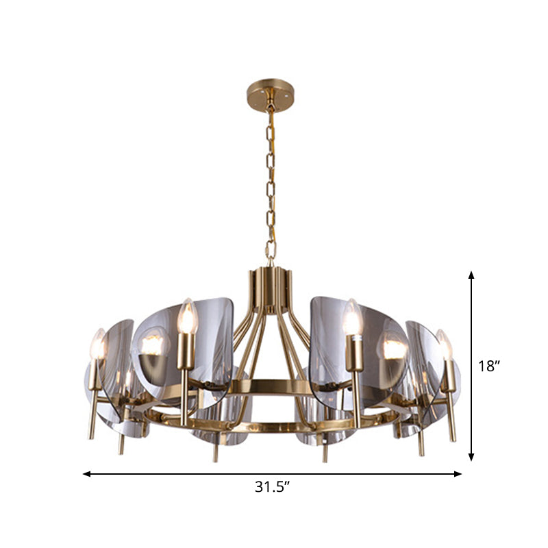 Shield Parlor Ceiling Hang Light Smoky Grey Glass 8 Lights Postmodern Chandelier Lighting in Gold Clearhalo 'Ceiling Lights' 'Chandeliers' 'Modern Chandeliers' 'Modern' Lighting' 1949679