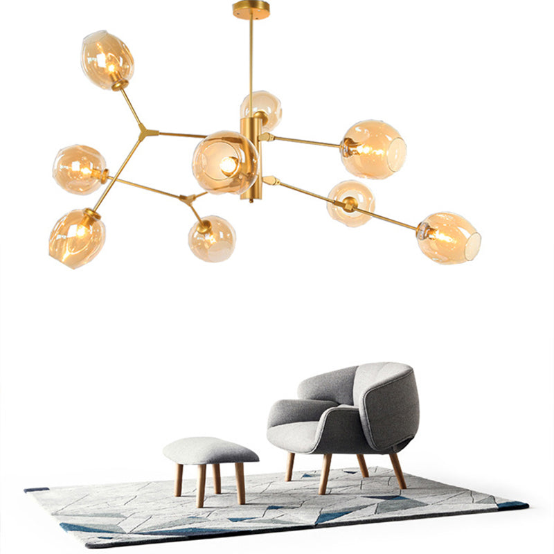 Modern Dimpled Cup Shade Chandelier Amber Glass 9-Bulb Living Room Pendant Lighting Fixture in Gold Gold Clearhalo 'Ceiling Lights' 'Chandeliers' 'Modern Chandeliers' 'Modern' Lighting' 1949680
