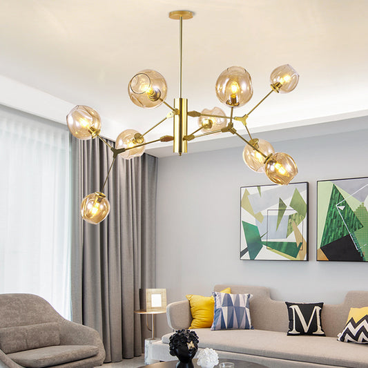 Modern Dimpled Cup Shade Chandelier Amber Glass 9-Bulb Living Room Pendant Lighting Fixture in Gold Clearhalo 'Ceiling Lights' 'Chandeliers' 'Modern Chandeliers' 'Modern' Lighting' 1949681