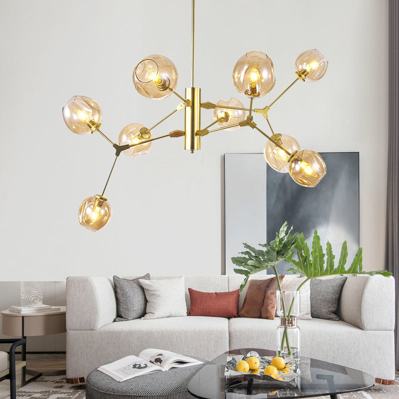 Modern Dimpled Cup Shade Chandelier Amber Glass 9-Bulb Living Room Pendant Lighting Fixture in Gold Clearhalo 'Ceiling Lights' 'Chandeliers' 'Modern Chandeliers' 'Modern' Lighting' 1949682