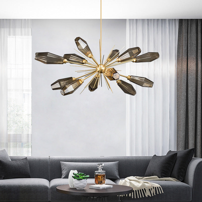 Burst Design Diamond Hanging Ceiling Light Postmodern Smoke Grey Glass 12-Head Living Room Chandelier Lamp in Gold Clearhalo 'Ceiling Lights' 'Chandeliers' 'Modern Chandeliers' 'Modern' Lighting' 1949688