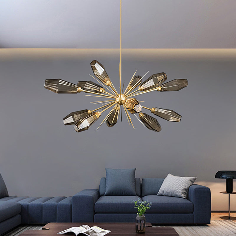Burst Design Diamond Hanging Ceiling Light Postmodern Smoke Grey Glass 12-Head Living Room Chandelier Lamp in Gold Clearhalo 'Ceiling Lights' 'Chandeliers' 'Modern Chandeliers' 'Modern' Lighting' 1949689