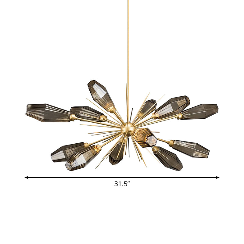 Burst Design Diamond Hanging Ceiling Light Postmodern Smoke Grey Glass 12-Head Living Room Chandelier Lamp in Gold Clearhalo 'Ceiling Lights' 'Chandeliers' 'Modern Chandeliers' 'Modern' Lighting' 1949691