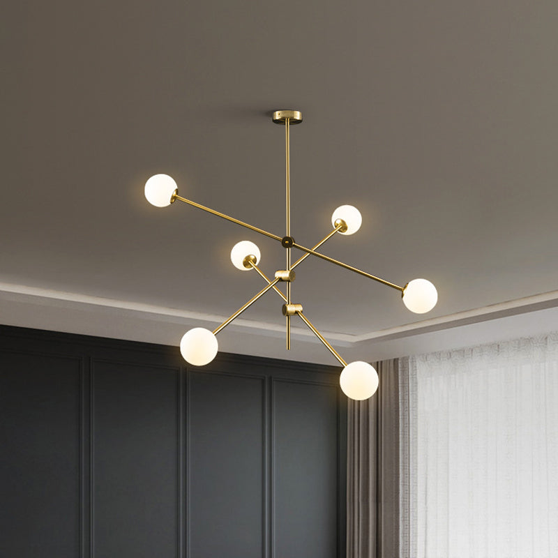 Rotatable 3-Arm Chandelier Minimalism White Ball Glass 6 Bulbs Gold Suspension Pendant Light Clearhalo 'Ceiling Lights' 'Chandeliers' 'Modern Chandeliers' 'Modern' Lighting' 1949702