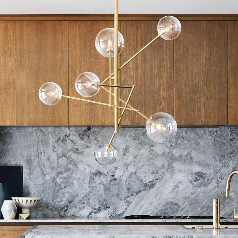 Spherical Kitchen Bar Ceiling Chandelier Clear Glass 6-Bulb Postmodern Hanging Light in Gold Clearhalo 'Ceiling Lights' 'Chandeliers' 'Modern Chandeliers' 'Modern' Lighting' 1949767