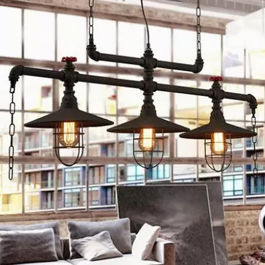 2/3 Heads Saucer Island Lighting Steampunk Black Iron Hanging Light Fixture with Cage and Chain Deco 3 Black Clearhalo 'Ceiling Lights' 'Island Lights' Lighting' 1949777