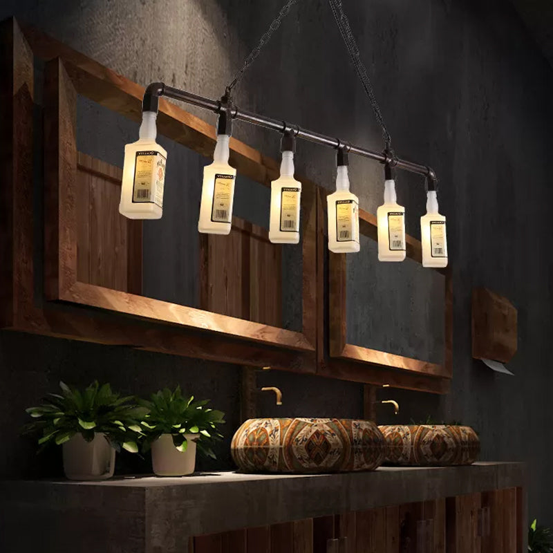 1/6/9-Bulb Frosted White Glass Island Lamp Loft Style Black Wine Bottle Restaurant Ceiling Suspension Lamp 6 White Clearhalo 'Ceiling Lights' 'Chandeliers' 'Glass shade' 'Glass' 'Island Lights' Lighting' 1949795