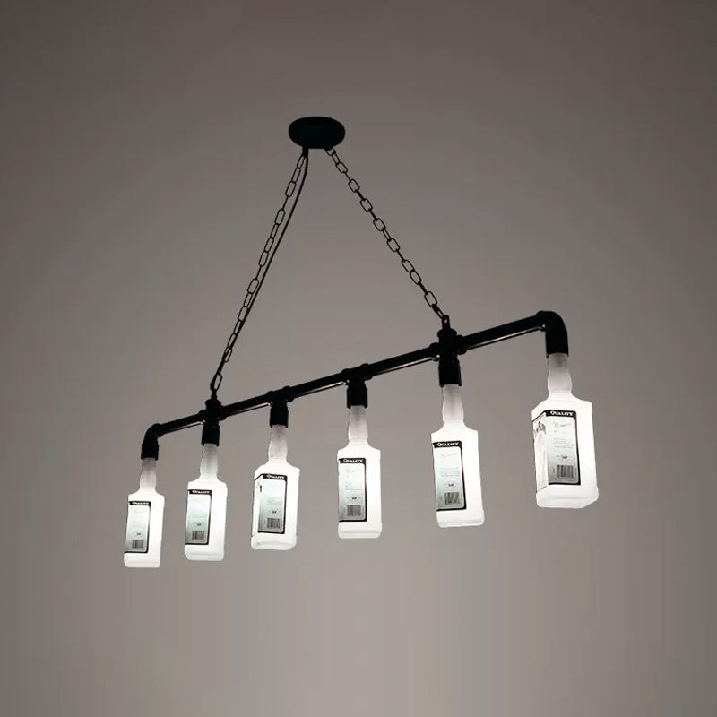1/6/9-Bulb Frosted White Glass Island Lamp Loft Style Black Wine Bottle Restaurant Ceiling Suspension Lamp Clearhalo 'Ceiling Lights' 'Chandeliers' 'Glass shade' 'Glass' 'Island Lights' Lighting' 1949797