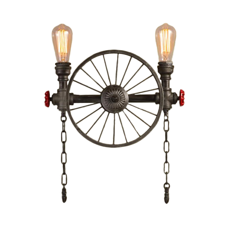 Steampunk Pipe Wheel Wall Sconce 2/4-Head Iron Wall Light Fixture with Chain and Valve in Bronze Clearhalo 'Art deco wall lights' 'Cast Iron' 'Glass' 'Industrial wall lights' 'Industrial' 'Middle century wall lights' 'Modern' 'Rustic wall lights' 'Tiffany' 'Traditional wall lights' 'Wall Lamps & Sconces' 'Wall Lights' Lighting' 1949857