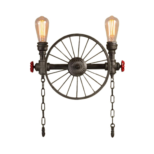 Steampunk Pipe Wheel Wall Sconce 2/4-Head Iron Wall Light Fixture with Chain and Valve in Bronze Clearhalo 'Art deco wall lights' 'Cast Iron' 'Glass' 'Industrial wall lights' 'Industrial' 'Middle century wall lights' 'Modern' 'Rustic wall lights' 'Tiffany' 'Traditional wall lights' 'Wall Lamps & Sconces' 'Wall Lights' Lighting' 1949857