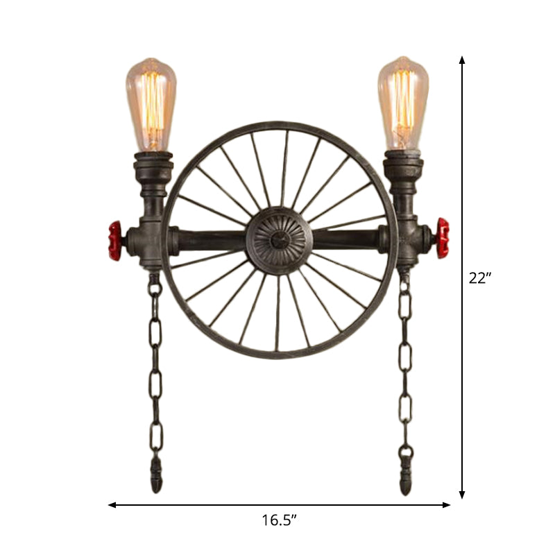 Steampunk Pipe Wheel Wall Sconce 2/4-Head Iron Wall Light Fixture with Chain and Valve in Bronze Clearhalo 'Art deco wall lights' 'Cast Iron' 'Glass' 'Industrial wall lights' 'Industrial' 'Middle century wall lights' 'Modern' 'Rustic wall lights' 'Tiffany' 'Traditional wall lights' 'Wall Lamps & Sconces' 'Wall Lights' Lighting' 1949859