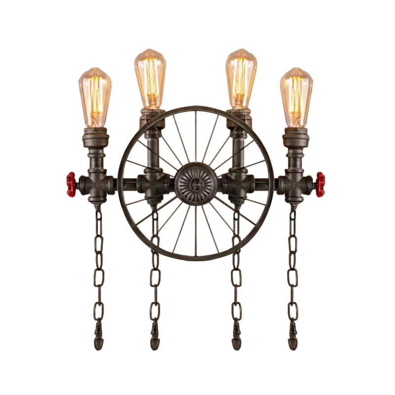 Steampunk Pipe Wheel Wall Sconce 2/4-Head Iron Wall Light Fixture with Chain and Valve in Bronze Clearhalo 'Art deco wall lights' 'Cast Iron' 'Glass' 'Industrial wall lights' 'Industrial' 'Middle century wall lights' 'Modern' 'Rustic wall lights' 'Tiffany' 'Traditional wall lights' 'Wall Lamps & Sconces' 'Wall Lights' Lighting' 1949861