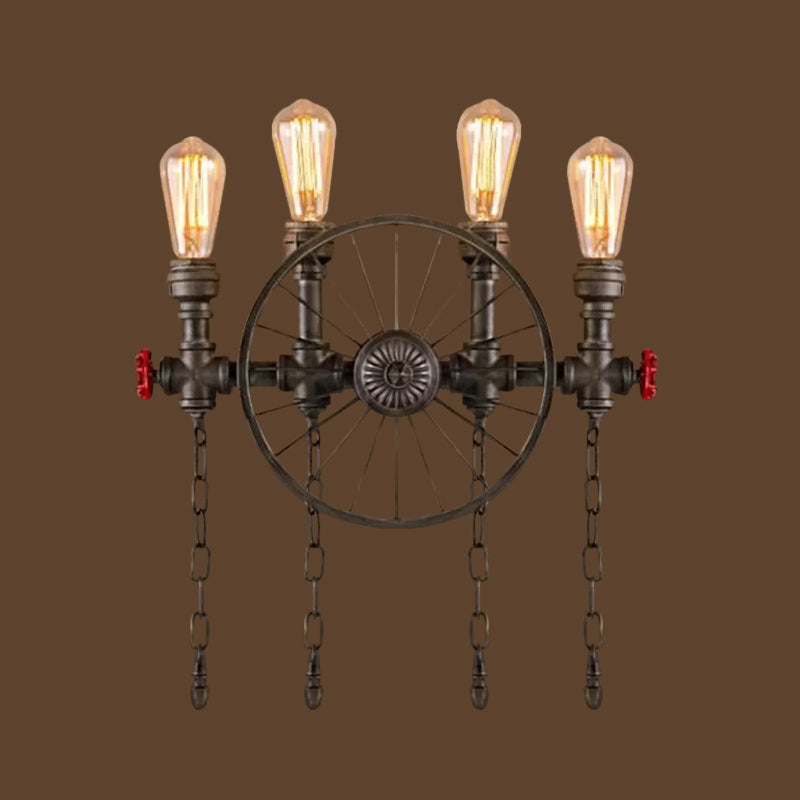 Steampunk Pipe Wheel Wall Sconce 2/4-Head Iron Wall Light Fixture with Chain and Valve in Bronze Clearhalo 'Art deco wall lights' 'Cast Iron' 'Glass' 'Industrial wall lights' 'Industrial' 'Middle century wall lights' 'Modern' 'Rustic wall lights' 'Tiffany' 'Traditional wall lights' 'Wall Lamps & Sconces' 'Wall Lights' Lighting' 1949862
