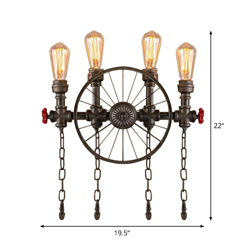 Steampunk Pipe Wheel Wall Sconce 2/4-Head Iron Wall Light Fixture with Chain and Valve in Bronze Clearhalo 'Art deco wall lights' 'Cast Iron' 'Glass' 'Industrial wall lights' 'Industrial' 'Middle century wall lights' 'Modern' 'Rustic wall lights' 'Tiffany' 'Traditional wall lights' 'Wall Lamps & Sconces' 'Wall Lights' Lighting' 1949863