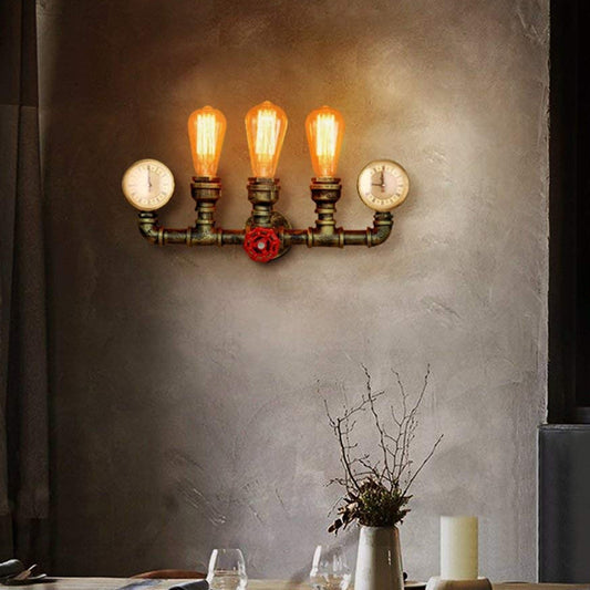 Bronze Pipe Wall Mount Light Warehouse Style Iron 3-Light Dining Room Wall Lamp with Pressure Gauge and Valve Deco Bronze Clearhalo 'Art deco wall lights' 'Cast Iron' 'Glass' 'Industrial wall lights' 'Industrial' 'Middle century wall lights' 'Modern' 'Rustic wall lights' 'Tiffany' 'Traditional wall lights' 'Wall Lamps & Sconces' 'Wall Lights' Lighting' 1949869
