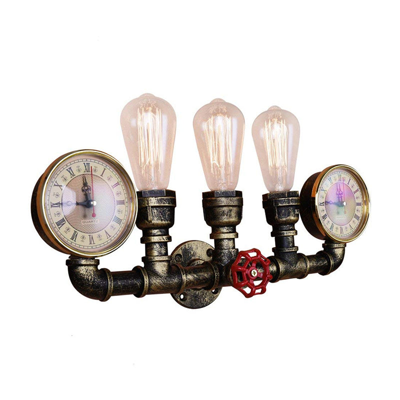 Bronze Pipe Wall Mount Light Warehouse Style Iron 3-Light Dining Room Wall Lamp with Pressure Gauge and Valve Deco Clearhalo 'Art deco wall lights' 'Cast Iron' 'Glass' 'Industrial wall lights' 'Industrial' 'Middle century wall lights' 'Modern' 'Rustic wall lights' 'Tiffany' 'Traditional wall lights' 'Wall Lamps & Sconces' 'Wall Lights' Lighting' 1949870