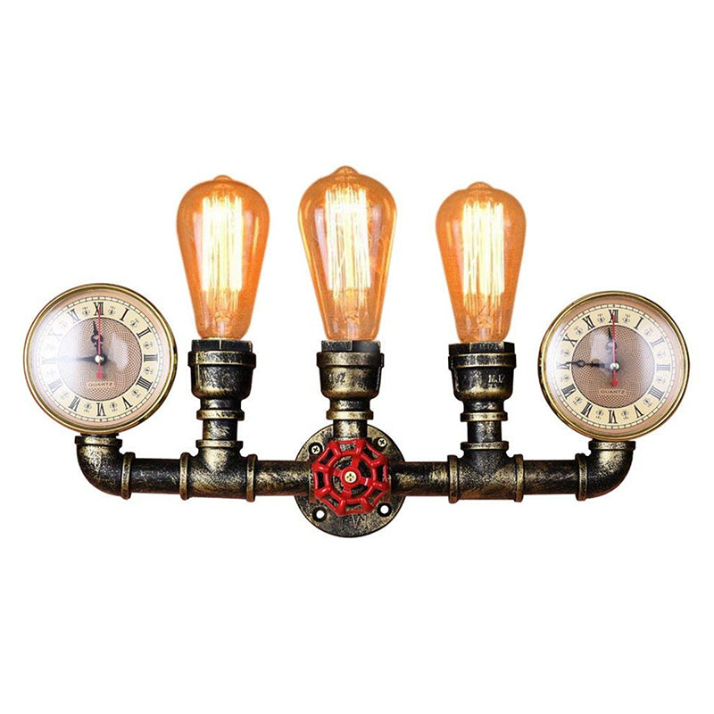 Bronze Pipe Wall Mount Light Warehouse Style Iron 3-Light Dining Room Wall Lamp with Pressure Gauge and Valve Deco Clearhalo 'Art deco wall lights' 'Cast Iron' 'Glass' 'Industrial wall lights' 'Industrial' 'Middle century wall lights' 'Modern' 'Rustic wall lights' 'Tiffany' 'Traditional wall lights' 'Wall Lamps & Sconces' 'Wall Lights' Lighting' 1949871