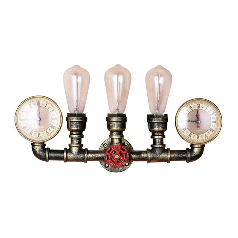 Bronze Pipe Wall Mount Light Warehouse Style Iron 3-Light Dining Room Wall Lamp with Pressure Gauge and Valve Deco Clearhalo 'Art deco wall lights' 'Cast Iron' 'Glass' 'Industrial wall lights' 'Industrial' 'Middle century wall lights' 'Modern' 'Rustic wall lights' 'Tiffany' 'Traditional wall lights' 'Wall Lamps & Sconces' 'Wall Lights' Lighting' 1949872