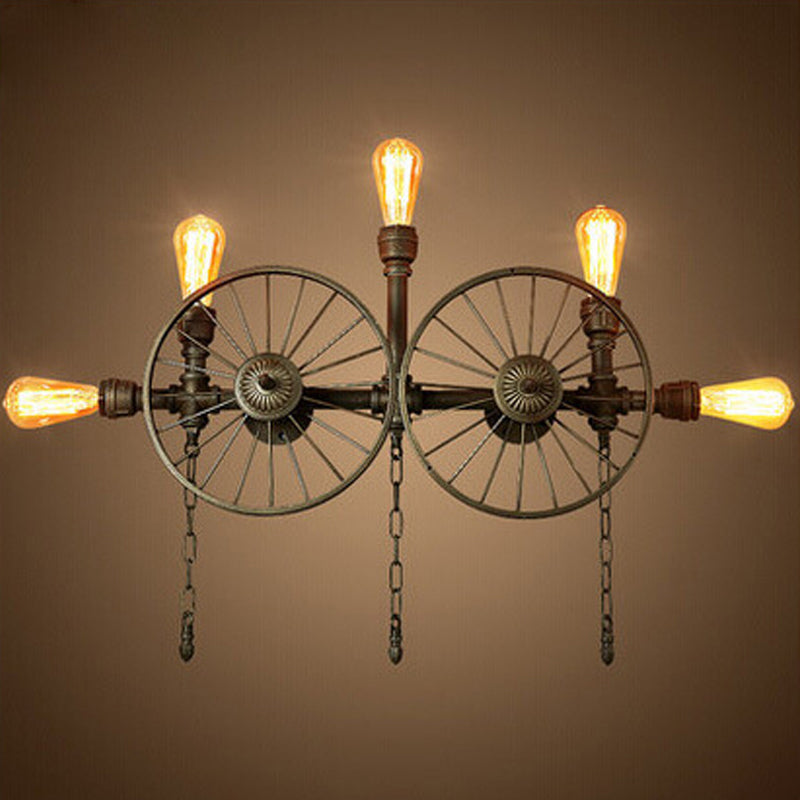Black 1/4/5-Bulb Wall Light Sconce Industrial Iron Wheel Wall Mounted Light with Chain and Pipe 5.0 Black Clearhalo 'Art deco wall lights' 'Cast Iron' 'Glass' 'Industrial wall lights' 'Industrial' 'Middle century wall lights' 'Modern' 'Rustic wall lights' 'Tiffany' 'Traditional wall lights' 'Wall Lamps & Sconces' 'Wall Lights' Lighting' 1949874