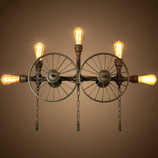 Black 1/4/5-Bulb Wall Light Sconce Industrial Iron Wheel Wall Mounted Light with Chain and Pipe 5.0 Black Clearhalo 'Art deco wall lights' 'Cast Iron' 'Glass' 'Industrial wall lights' 'Industrial' 'Middle century wall lights' 'Modern' 'Rustic wall lights' 'Tiffany' 'Traditional wall lights' 'Wall Lamps & Sconces' 'Wall Lights' Lighting' 1949874