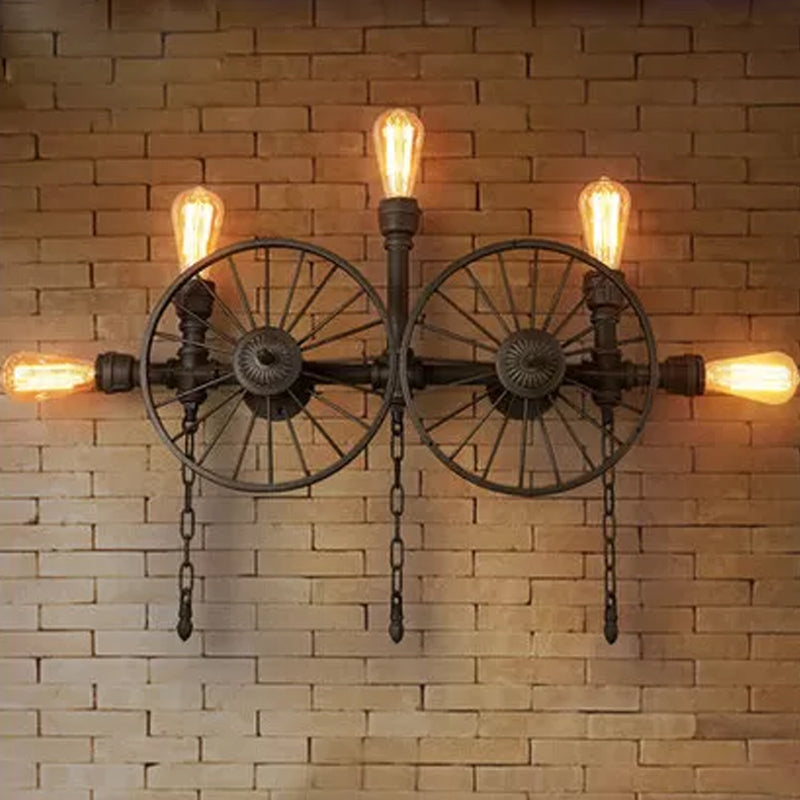 Black 1/4/5-Bulb Wall Light Sconce Industrial Iron Wheel Wall Mounted Light with Chain and Pipe Clearhalo 'Art deco wall lights' 'Cast Iron' 'Glass' 'Industrial wall lights' 'Industrial' 'Middle century wall lights' 'Modern' 'Rustic wall lights' 'Tiffany' 'Traditional wall lights' 'Wall Lamps & Sconces' 'Wall Lights' Lighting' 1949875