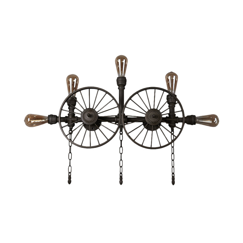 Black 1/4/5-Bulb Wall Light Sconce Industrial Iron Wheel Wall Mounted Light with Chain and Pipe Clearhalo 'Art deco wall lights' 'Cast Iron' 'Glass' 'Industrial wall lights' 'Industrial' 'Middle century wall lights' 'Modern' 'Rustic wall lights' 'Tiffany' 'Traditional wall lights' 'Wall Lamps & Sconces' 'Wall Lights' Lighting' 1949876