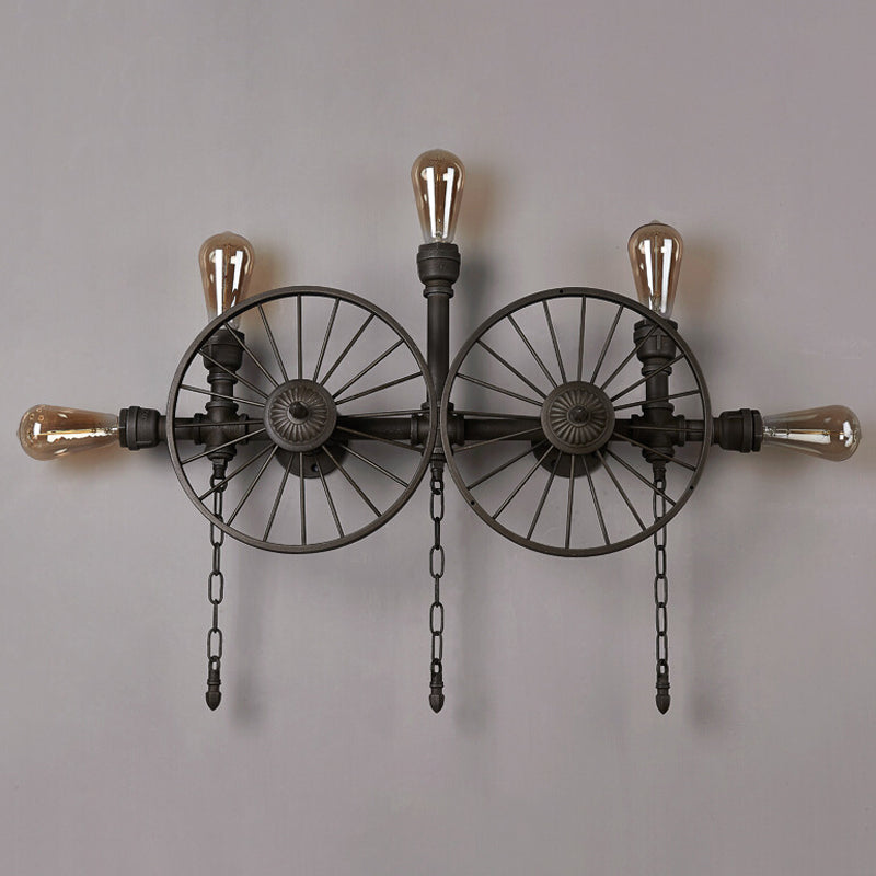 Black 1/4/5-Bulb Wall Light Sconce Industrial Iron Wheel Wall Mounted Light with Chain and Pipe Clearhalo 'Art deco wall lights' 'Cast Iron' 'Glass' 'Industrial wall lights' 'Industrial' 'Middle century wall lights' 'Modern' 'Rustic wall lights' 'Tiffany' 'Traditional wall lights' 'Wall Lamps & Sconces' 'Wall Lights' Lighting' 1949877