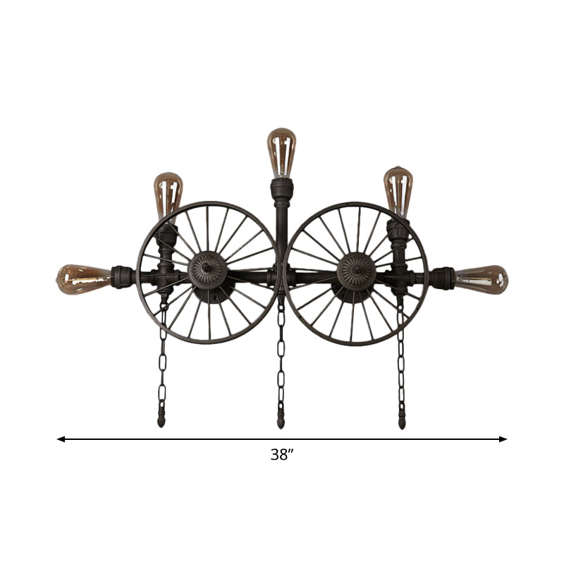 Black 1/4/5-Bulb Wall Light Sconce Industrial Iron Wheel Wall Mounted Light with Chain and Pipe Clearhalo 'Art deco wall lights' 'Cast Iron' 'Glass' 'Industrial wall lights' 'Industrial' 'Middle century wall lights' 'Modern' 'Rustic wall lights' 'Tiffany' 'Traditional wall lights' 'Wall Lamps & Sconces' 'Wall Lights' Lighting' 1949878