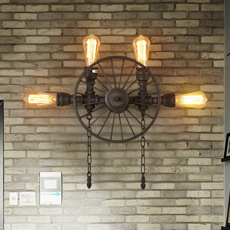 Black 1/4/5-Bulb Wall Light Sconce Industrial Iron Wheel Wall Mounted Light with Chain and Pipe 4.0 Black Clearhalo 'Art deco wall lights' 'Cast Iron' 'Glass' 'Industrial wall lights' 'Industrial' 'Middle century wall lights' 'Modern' 'Rustic wall lights' 'Tiffany' 'Traditional wall lights' 'Wall Lamps & Sconces' 'Wall Lights' Lighting' 1949879