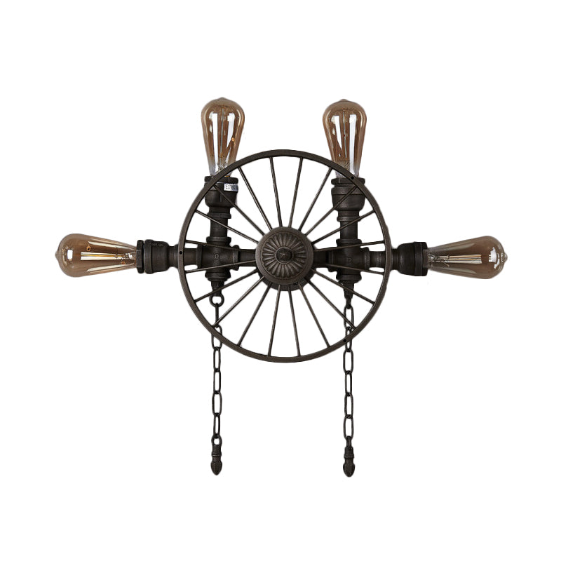 Black 1/4/5-Bulb Wall Light Sconce Industrial Iron Wheel Wall Mounted Light with Chain and Pipe Clearhalo 'Art deco wall lights' 'Cast Iron' 'Glass' 'Industrial wall lights' 'Industrial' 'Middle century wall lights' 'Modern' 'Rustic wall lights' 'Tiffany' 'Traditional wall lights' 'Wall Lamps & Sconces' 'Wall Lights' Lighting' 1949880