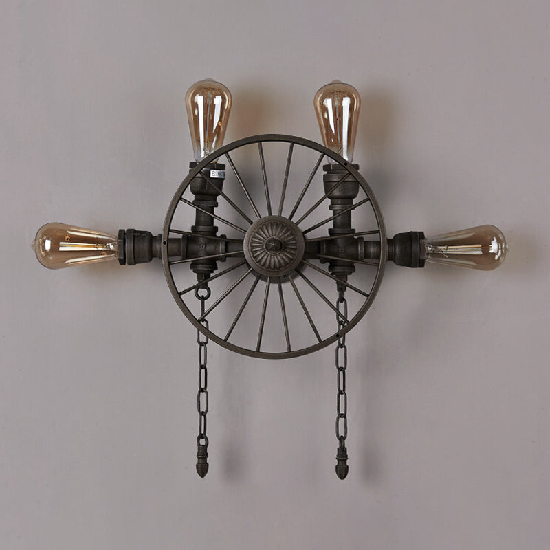 Black 1/4/5-Bulb Wall Light Sconce Industrial Iron Wheel Wall Mounted Light with Chain and Pipe Clearhalo 'Art deco wall lights' 'Cast Iron' 'Glass' 'Industrial wall lights' 'Industrial' 'Middle century wall lights' 'Modern' 'Rustic wall lights' 'Tiffany' 'Traditional wall lights' 'Wall Lamps & Sconces' 'Wall Lights' Lighting' 1949881