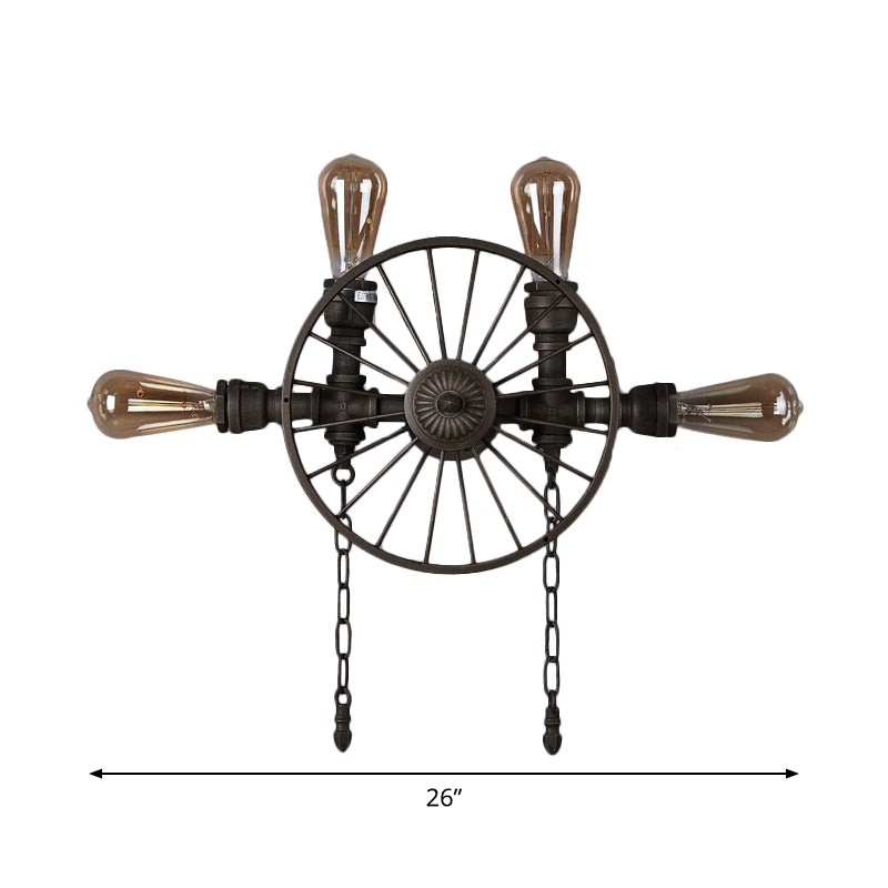 Black 1/4/5-Bulb Wall Light Sconce Industrial Iron Wheel Wall Mounted Light with Chain and Pipe Clearhalo 'Art deco wall lights' 'Cast Iron' 'Glass' 'Industrial wall lights' 'Industrial' 'Middle century wall lights' 'Modern' 'Rustic wall lights' 'Tiffany' 'Traditional wall lights' 'Wall Lamps & Sconces' 'Wall Lights' Lighting' 1949882