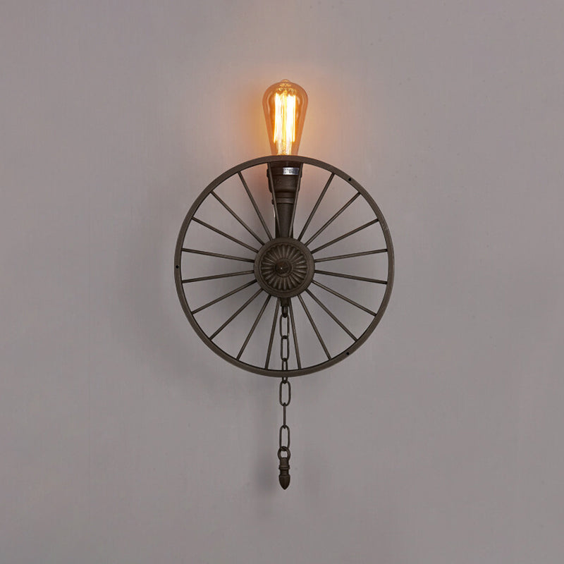 Black 1/4/5-Bulb Wall Light Sconce Industrial Iron Wheel Wall Mounted Light with Chain and Pipe Clearhalo 'Art deco wall lights' 'Cast Iron' 'Glass' 'Industrial wall lights' 'Industrial' 'Middle century wall lights' 'Modern' 'Rustic wall lights' 'Tiffany' 'Traditional wall lights' 'Wall Lamps & Sconces' 'Wall Lights' Lighting' 1949885