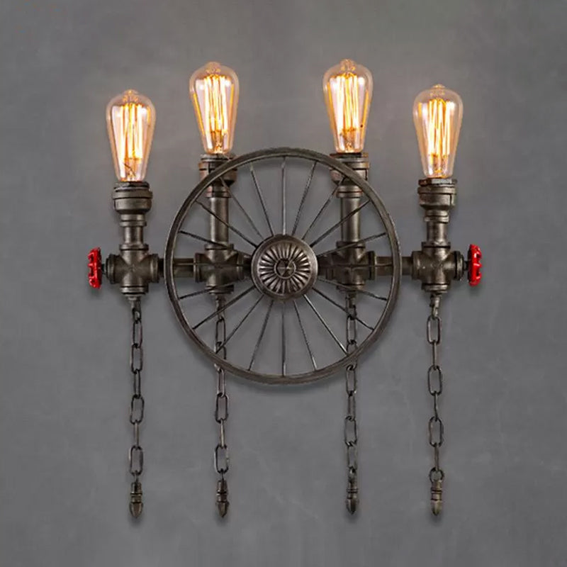 Wrought Iron Pipe Wall Light Loft 2/4-Light Bistro Wall Mount Fixture with Decorative Wheel and Chain in Silver/Bronze 4.0 Bronze Clearhalo 'Art deco wall lights' 'Cast Iron' 'Glass' 'Industrial wall lights' 'Industrial' 'Middle century wall lights' 'Modern' 'Rustic wall lights' 'Tiffany' 'Traditional wall lights' 'Wall Lamps & Sconces' 'Wall Lights' Lighting' 1949887