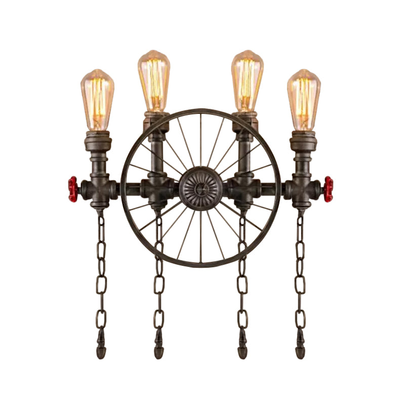 Wrought Iron Pipe Wall Light Loft 2/4-Light Bistro Wall Mount Fixture with Decorative Wheel and Chain in Silver/Bronze Clearhalo 'Art deco wall lights' 'Cast Iron' 'Glass' 'Industrial wall lights' 'Industrial' 'Middle century wall lights' 'Modern' 'Rustic wall lights' 'Tiffany' 'Traditional wall lights' 'Wall Lamps & Sconces' 'Wall Lights' Lighting' 1949888