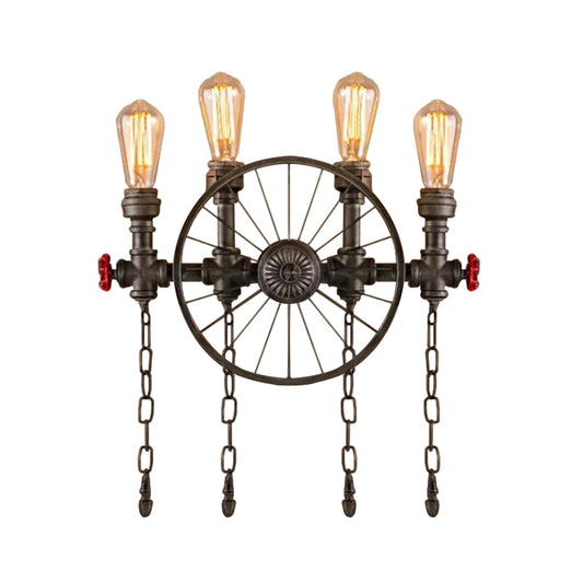 Wrought Iron Pipe Wall Light Loft 2/4-Light Bistro Wall Mount Fixture with Decorative Wheel and Chain in Silver/Bronze Clearhalo 'Art deco wall lights' 'Cast Iron' 'Glass' 'Industrial wall lights' 'Industrial' 'Middle century wall lights' 'Modern' 'Rustic wall lights' 'Tiffany' 'Traditional wall lights' 'Wall Lamps & Sconces' 'Wall Lights' Lighting' 1949888