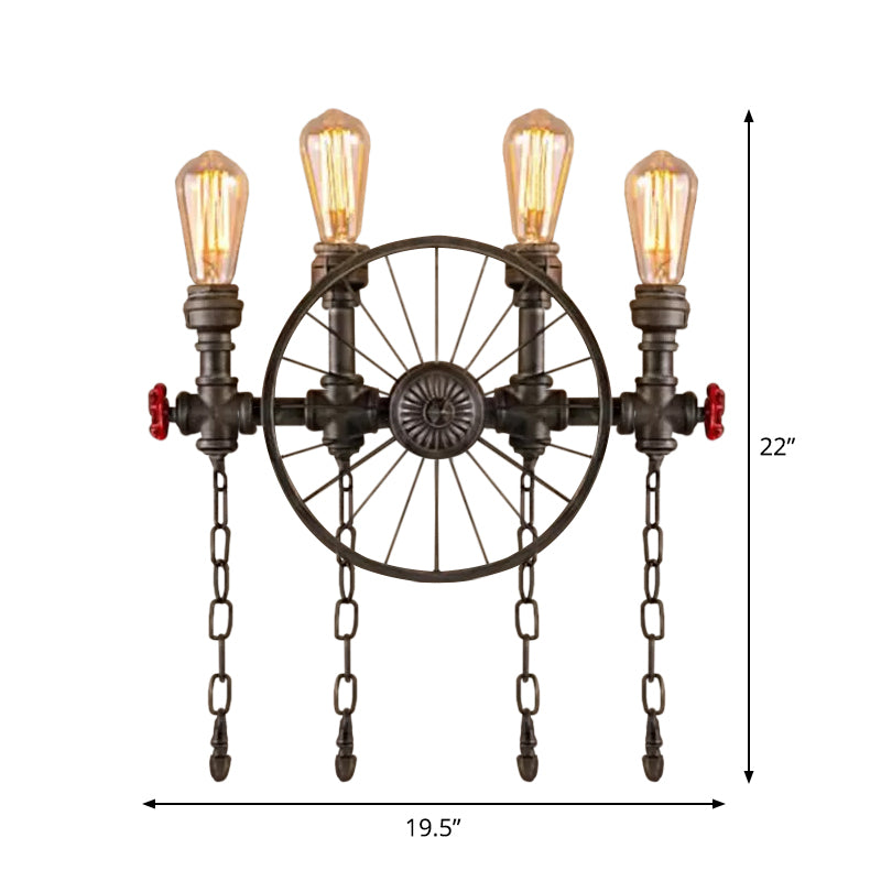 Wrought Iron Pipe Wall Light Loft 2/4-Light Bistro Wall Mount Fixture with Decorative Wheel and Chain in Silver/Bronze Clearhalo 'Art deco wall lights' 'Cast Iron' 'Glass' 'Industrial wall lights' 'Industrial' 'Middle century wall lights' 'Modern' 'Rustic wall lights' 'Tiffany' 'Traditional wall lights' 'Wall Lamps & Sconces' 'Wall Lights' Lighting' 1949889