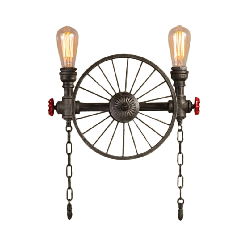 Wrought Iron Pipe Wall Light Loft 2/4-Light Bistro Wall Mount Fixture with Decorative Wheel and Chain in Silver/Bronze Clearhalo 'Art deco wall lights' 'Cast Iron' 'Glass' 'Industrial wall lights' 'Industrial' 'Middle century wall lights' 'Modern' 'Rustic wall lights' 'Tiffany' 'Traditional wall lights' 'Wall Lamps & Sconces' 'Wall Lights' Lighting' 1949891