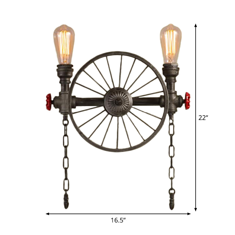 Wrought Iron Pipe Wall Light Loft 2/4-Light Bistro Wall Mount Fixture with Decorative Wheel and Chain in Silver/Bronze Clearhalo 'Art deco wall lights' 'Cast Iron' 'Glass' 'Industrial wall lights' 'Industrial' 'Middle century wall lights' 'Modern' 'Rustic wall lights' 'Tiffany' 'Traditional wall lights' 'Wall Lamps & Sconces' 'Wall Lights' Lighting' 1949893