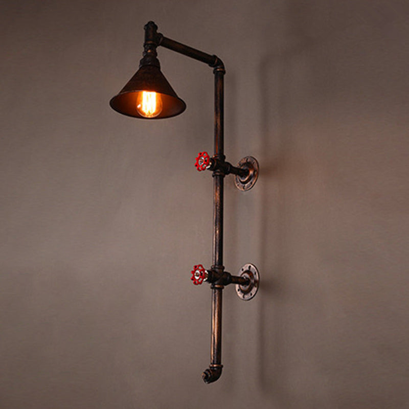 Cone Shade Iron Wall Light Kit Industrial Single Living Room Wall Mount Lamp with Valve and Bracket Design in Bronze Bronze Clearhalo 'Art deco wall lights' 'Cast Iron' 'Glass' 'Industrial wall lights' 'Industrial' 'Middle century wall lights' 'Modern' 'Rustic wall lights' 'Tiffany' 'Traditional wall lights' 'Wall Lamps & Sconces' 'Wall Lights' Lighting' 1949899