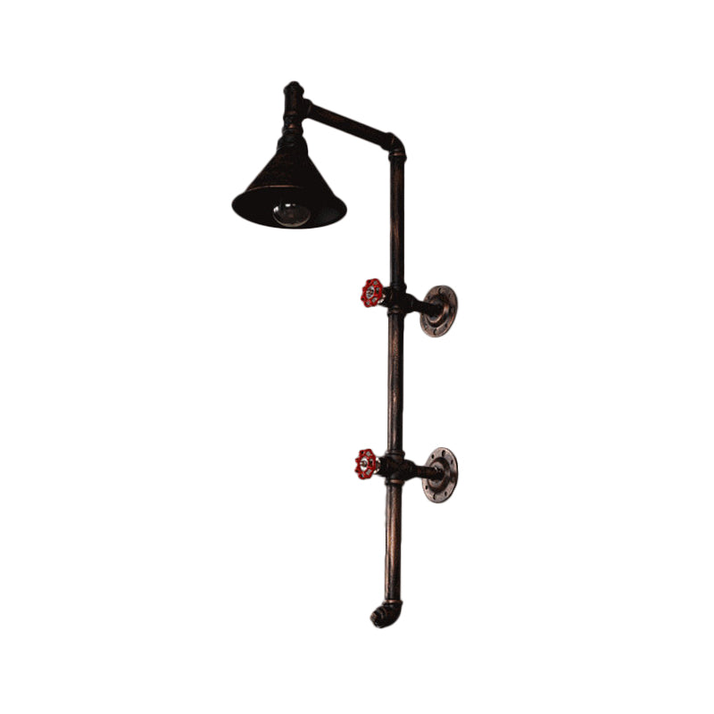 Cone Shade Iron Wall Light Kit Industrial Single Living Room Wall Mount Lamp with Valve and Bracket Design in Bronze Clearhalo 'Art deco wall lights' 'Cast Iron' 'Glass' 'Industrial wall lights' 'Industrial' 'Middle century wall lights' 'Modern' 'Rustic wall lights' 'Tiffany' 'Traditional wall lights' 'Wall Lamps & Sconces' 'Wall Lights' Lighting' 1949902