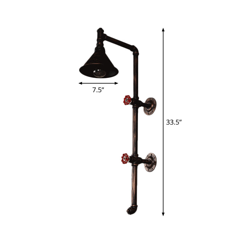 Cone Shade Iron Wall Light Kit Industrial Single Living Room Wall Mount Lamp with Valve and Bracket Design in Bronze Clearhalo 'Art deco wall lights' 'Cast Iron' 'Glass' 'Industrial wall lights' 'Industrial' 'Middle century wall lights' 'Modern' 'Rustic wall lights' 'Tiffany' 'Traditional wall lights' 'Wall Lamps & Sconces' 'Wall Lights' Lighting' 1949903