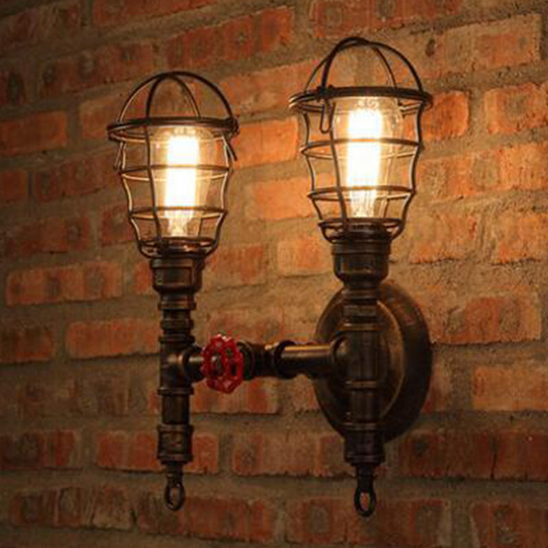 2 Bulbs Wall Mount Light Industrial Piping Iron Wall Lighting with Wire Cage in Bronze Bronze Clearhalo 'Art deco wall lights' 'Cast Iron' 'Glass' 'Industrial wall lights' 'Industrial' 'Middle century wall lights' 'Modern' 'Rustic wall lights' 'Tiffany' 'Traditional wall lights' 'Wall Lamps & Sconces' 'Wall Lights' Lighting' 1949904