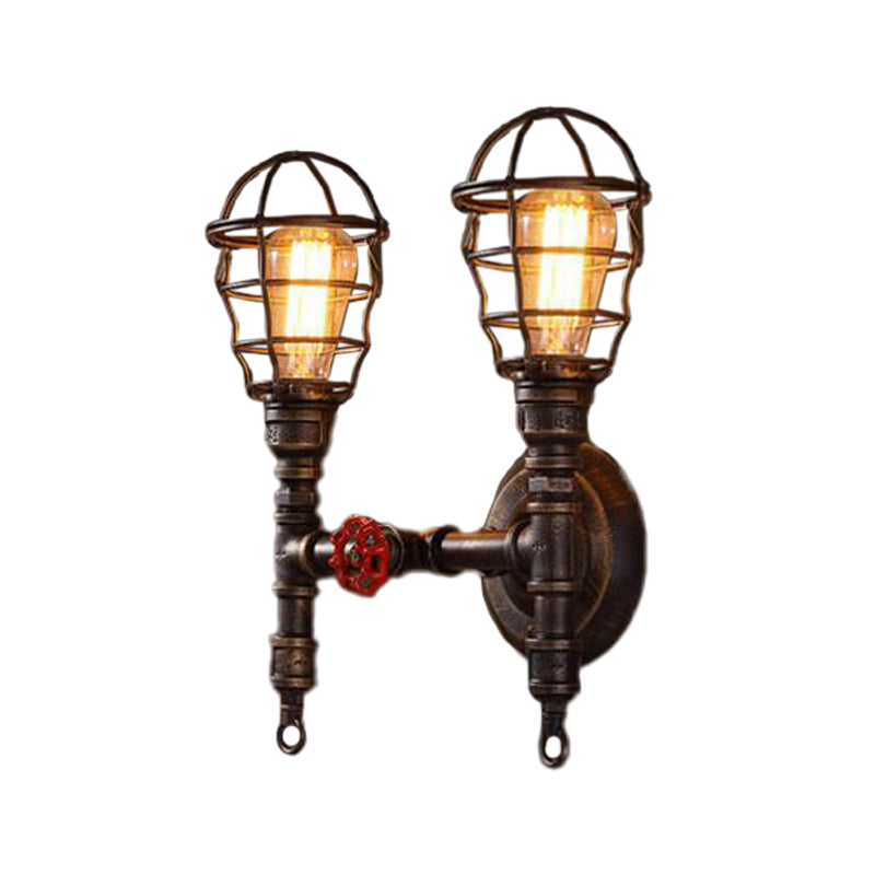 2 Bulbs Wall Mount Light Industrial Piping Iron Wall Lighting with Wire Cage in Bronze Clearhalo 'Art deco wall lights' 'Cast Iron' 'Glass' 'Industrial wall lights' 'Industrial' 'Middle century wall lights' 'Modern' 'Rustic wall lights' 'Tiffany' 'Traditional wall lights' 'Wall Lamps & Sconces' 'Wall Lights' Lighting' 1949906