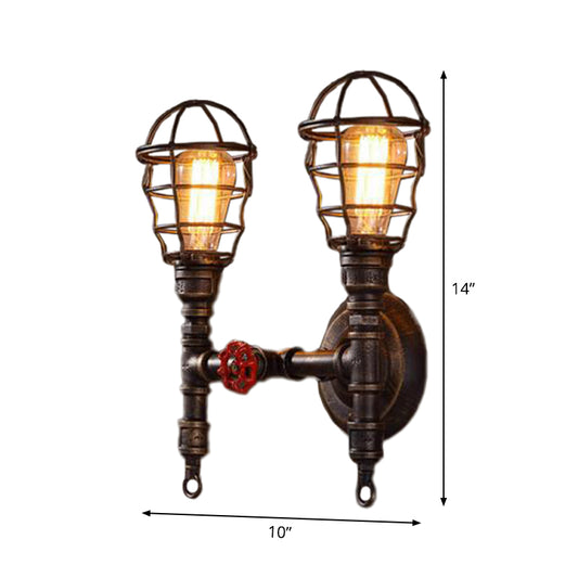 2 Bulbs Wall Mount Light Industrial Piping Iron Wall Lighting with Wire Cage in Bronze Clearhalo 'Art deco wall lights' 'Cast Iron' 'Glass' 'Industrial wall lights' 'Industrial' 'Middle century wall lights' 'Modern' 'Rustic wall lights' 'Tiffany' 'Traditional wall lights' 'Wall Lamps & Sconces' 'Wall Lights' Lighting' 1949908