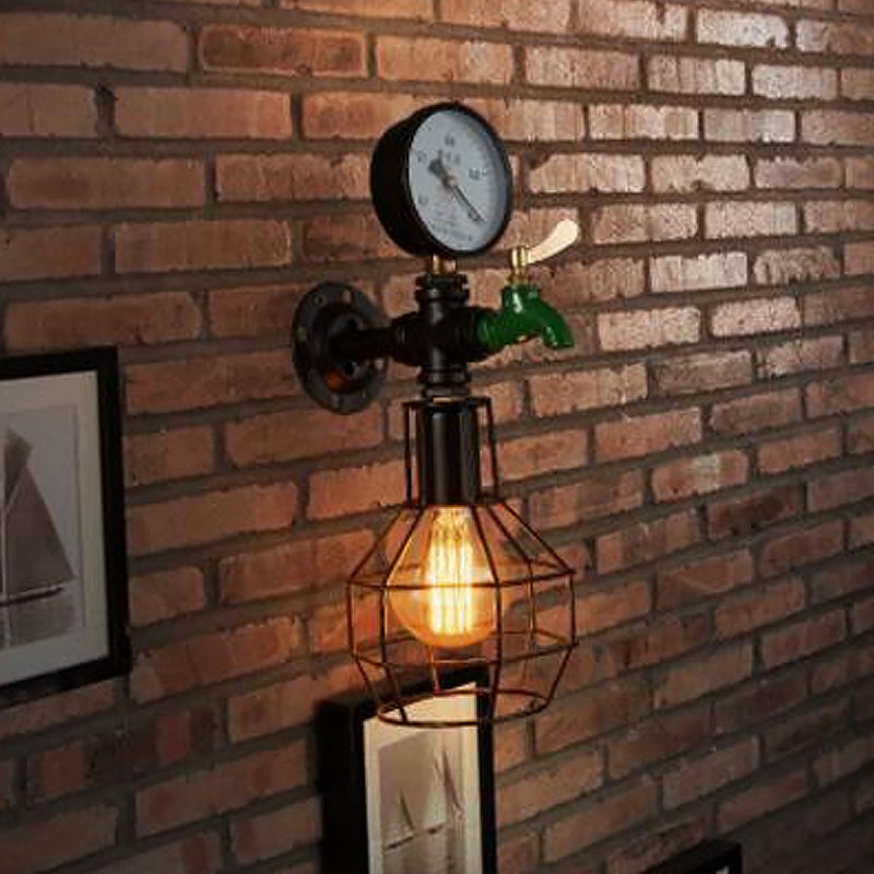 1-Light Water-Tap Wall Light Industrial Black and Green Metal Wall Mounted Lamp with Gauge and Cage Clearhalo 'Art deco wall lights' 'Cast Iron' 'Glass' 'Industrial wall lights' 'Industrial' 'Middle century wall lights' 'Modern' 'Rustic wall lights' 'Tiffany' 'Traditional wall lights' 'Wall Lamps & Sconces' 'Wall Lights' Lighting' 1949910