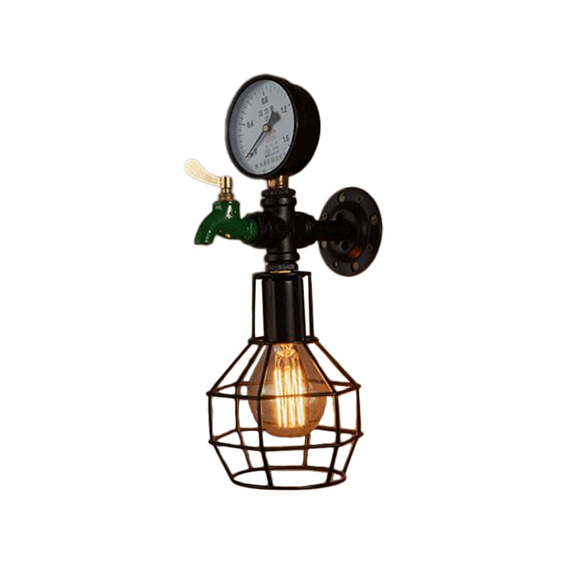 1-Light Water-Tap Wall Light Industrial Black and Green Metal Wall Mounted Lamp with Gauge and Cage Clearhalo 'Art deco wall lights' 'Cast Iron' 'Glass' 'Industrial wall lights' 'Industrial' 'Middle century wall lights' 'Modern' 'Rustic wall lights' 'Tiffany' 'Traditional wall lights' 'Wall Lamps & Sconces' 'Wall Lights' Lighting' 1949911