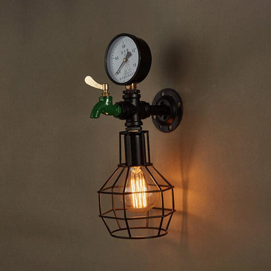 1-Light Water-Tap Wall Light Industrial Black and Green Metal Wall Mounted Lamp with Gauge and Cage Clearhalo 'Art deco wall lights' 'Cast Iron' 'Glass' 'Industrial wall lights' 'Industrial' 'Middle century wall lights' 'Modern' 'Rustic wall lights' 'Tiffany' 'Traditional wall lights' 'Wall Lamps & Sconces' 'Wall Lights' Lighting' 1949912