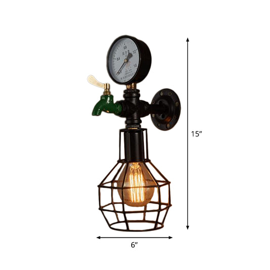 1-Light Water-Tap Wall Light Industrial Black and Green Metal Wall Mounted Lamp with Gauge and Cage Clearhalo 'Art deco wall lights' 'Cast Iron' 'Glass' 'Industrial wall lights' 'Industrial' 'Middle century wall lights' 'Modern' 'Rustic wall lights' 'Tiffany' 'Traditional wall lights' 'Wall Lamps & Sconces' 'Wall Lights' Lighting' 1949913