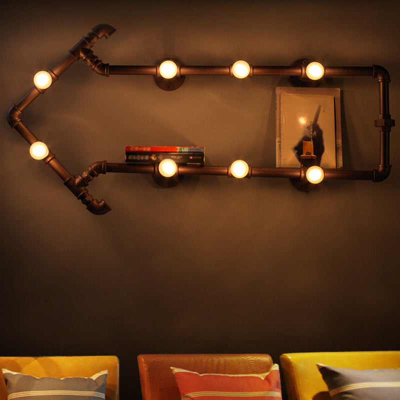 Black/Copper Arrow Wall Light Industrial Iron 8 Lights Living Room Wall Sconce with Book Rack Design Copper Clearhalo 'Art deco wall lights' 'Cast Iron' 'Glass' 'Industrial wall lights' 'Industrial' 'Middle century wall lights' 'Modern' 'Rustic wall lights' 'Tiffany' 'Traditional wall lights' 'Wall Lamps & Sconces' 'Wall Lights' Lighting' 1949920